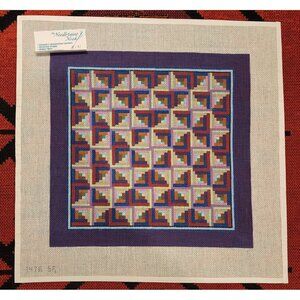 Vintage Handmade Needlepoint Canvas Log Cabin Quilt Design 14 "x 14 " Picture